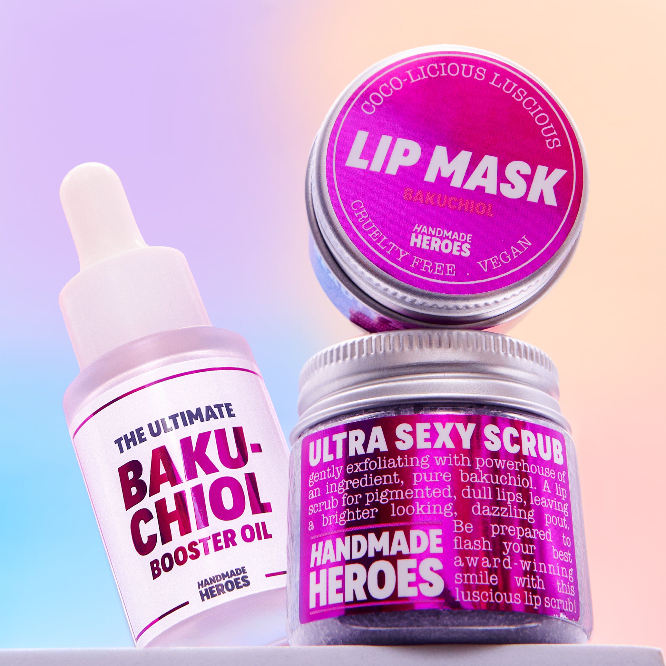 Bakuchiol set bottles for face and lips routine